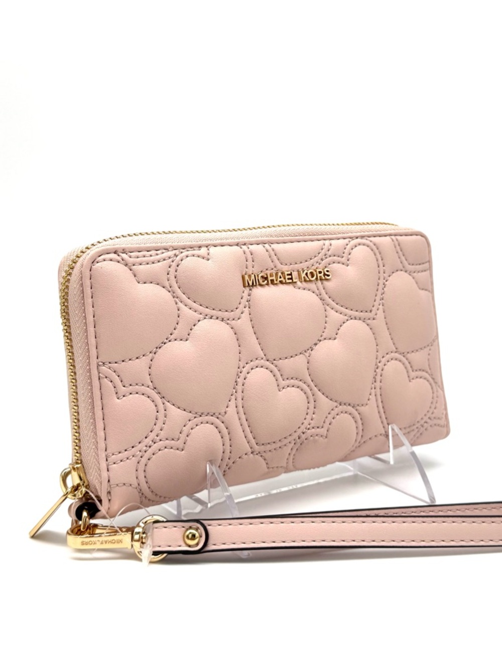 Michael Kors Large Quilted Heart Flat MF Phone Case Wallet Powder Blush